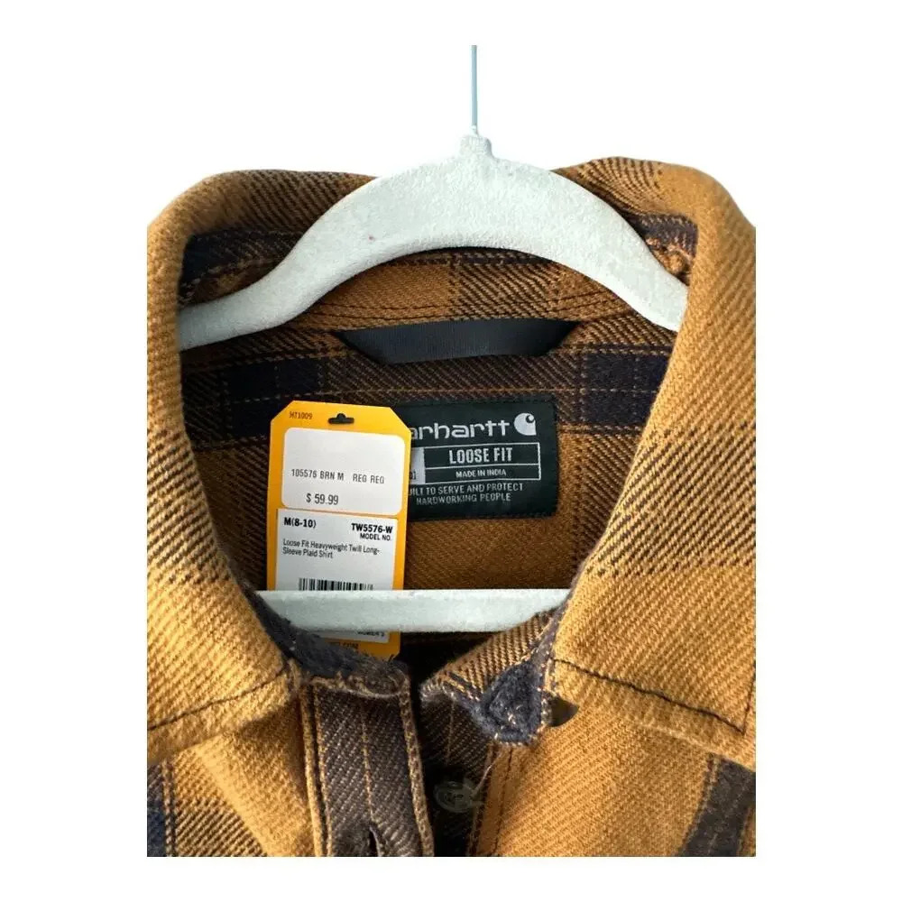 Carhartt Womens Loose Fit Brown/Black Twill Plaid Shirt, Med - Picture 5 of 9
